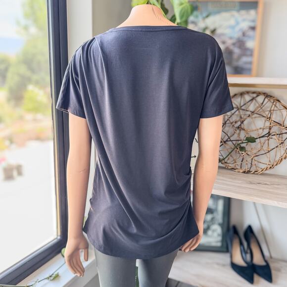 Athleta Essence Pleated Ruched Short Sleeve Relaxed Fit Black Tee-Women’s Medium - Picture 3 of 8